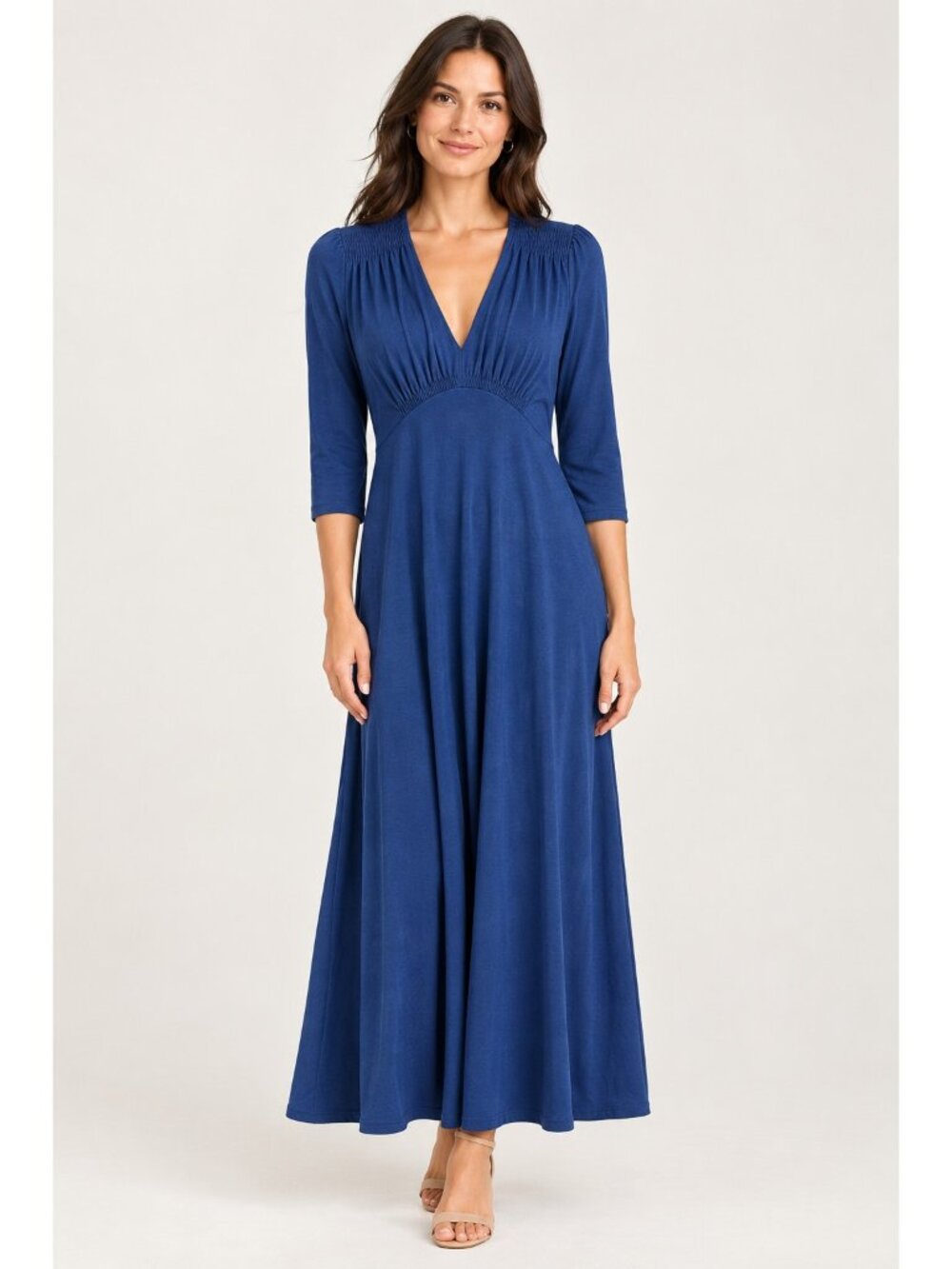 Quince Women's Tencel Jersey Empire Waist V-Neck Midi Dress Navy Blue Stretch M